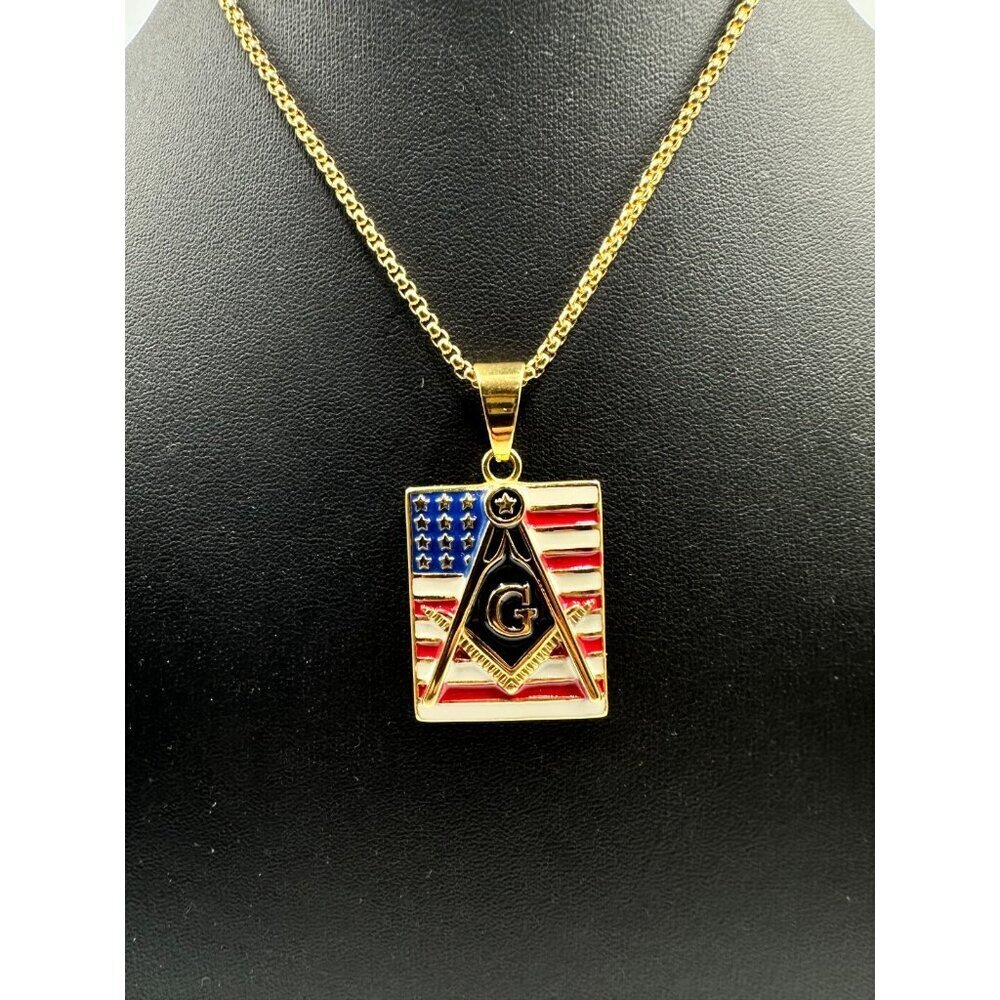 Freemason Masonic Pendant Necklace Gold Tone Stainless Steel American Flag